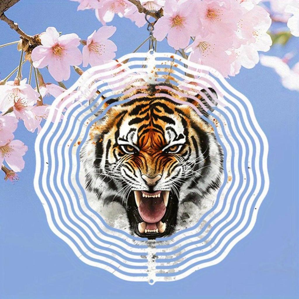 2D Metal Wind Spinner Garden Patio Decoration Charming Fierce Tiger Pattern Outdoor Wind Chime for Thanksgiving Christmas Holiday