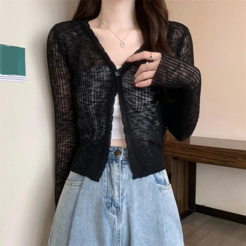 Cardigan sottile in seta di ghiaccio corto bianco da donna manica lunga lavorato a maglia protezione solare slim crop top Kintwear nuova moda semplice casual primavera estate