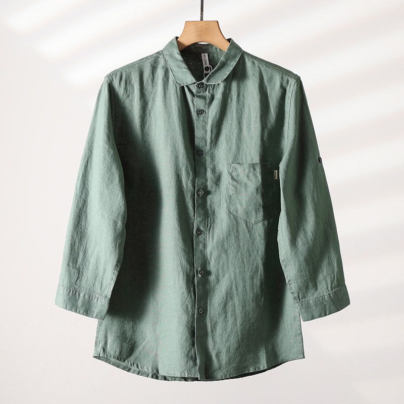 Japanese Pure Linen Casual Export 3/4 Sleeve Shirt Green 2XL