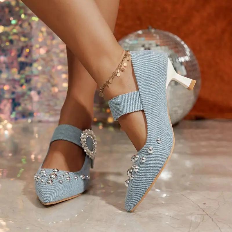 Vintage Denim Pointed Toe High Heels Pumps Women 2025 Silver Glitter Buckle Sandals Women Rivet Decoration Dress Party Shoes