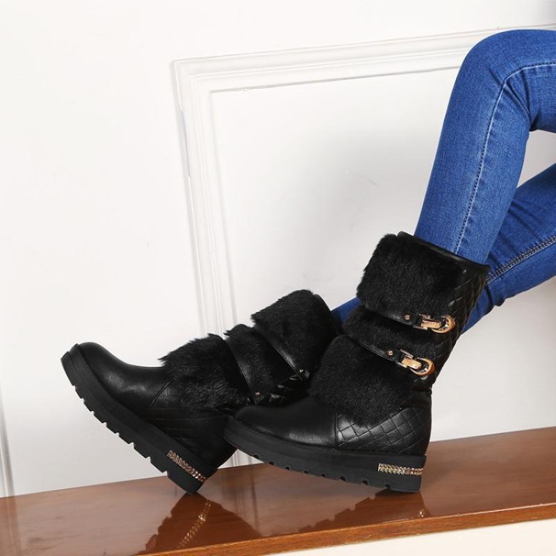 Waterproof Winter Shoes Women Platform Snow Boots Warm Fur Plush Casual Wedge Mid-Calf Boots Girls Black White Shoes Ladies33-43