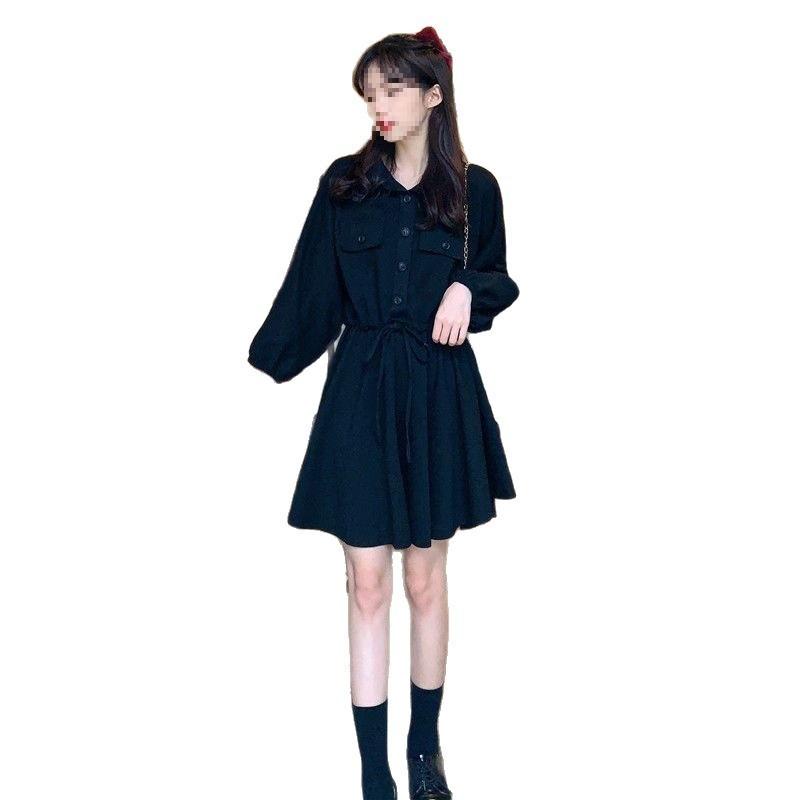 Spring Korean Style Polo Neck Drawstring Waist A Line Dress For Casual And Travel