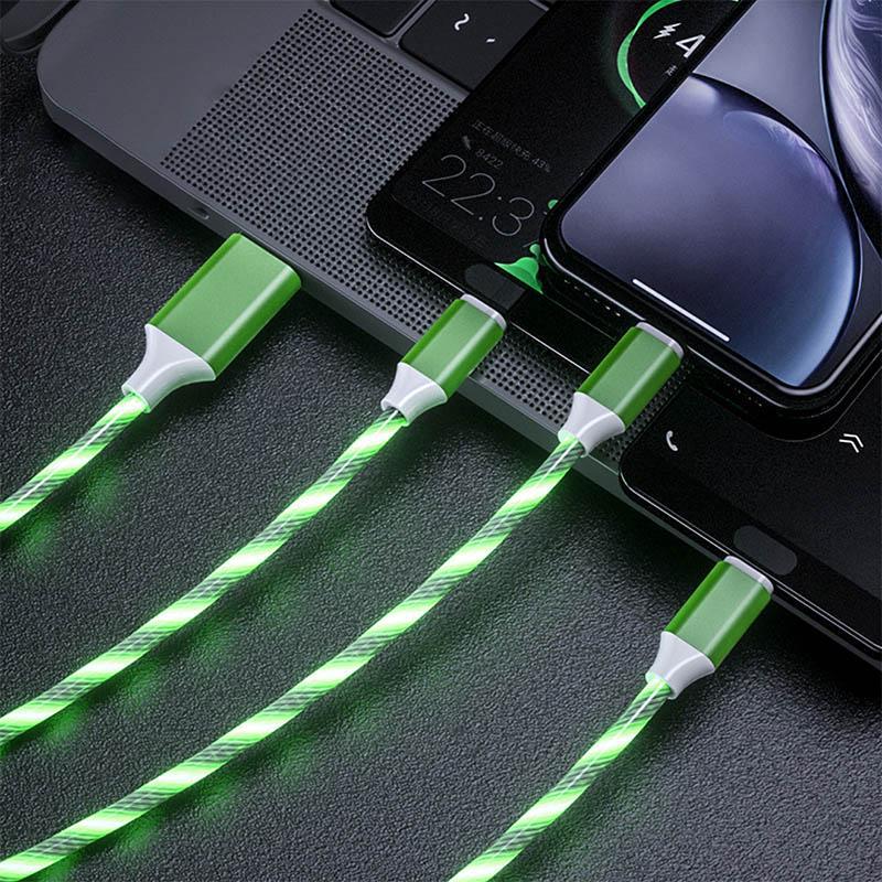 3 v 1 zářící tekoucí nabíjecí kabel Micro USB kabel typu C LED světlo Mobilní telefon Nabíjecí kabel pro iPhone 13 14 Xiaomi 11 12 Samsung oneplus oppo