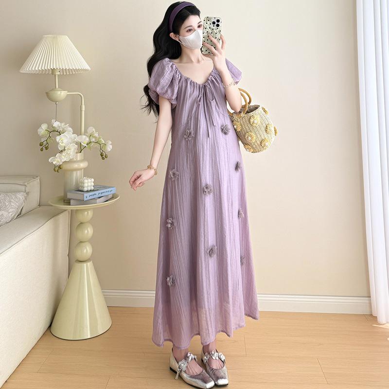 2026 Summer Maternity V-Neck Dress with 3D Floral Design L