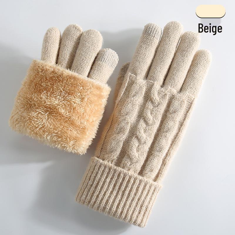 Women's Winter Knitted Touchscreen Gloves - Double-Layer Fleece-Lined, Thick Warm for Outdoor Cycling