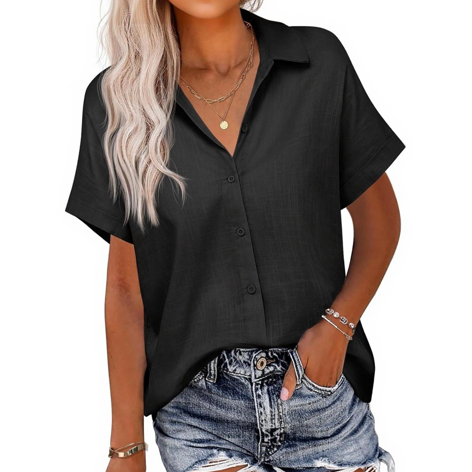 Women s Solided Color Shirt Casual Loose Shirt Button Short Sleeve Top S чёрный