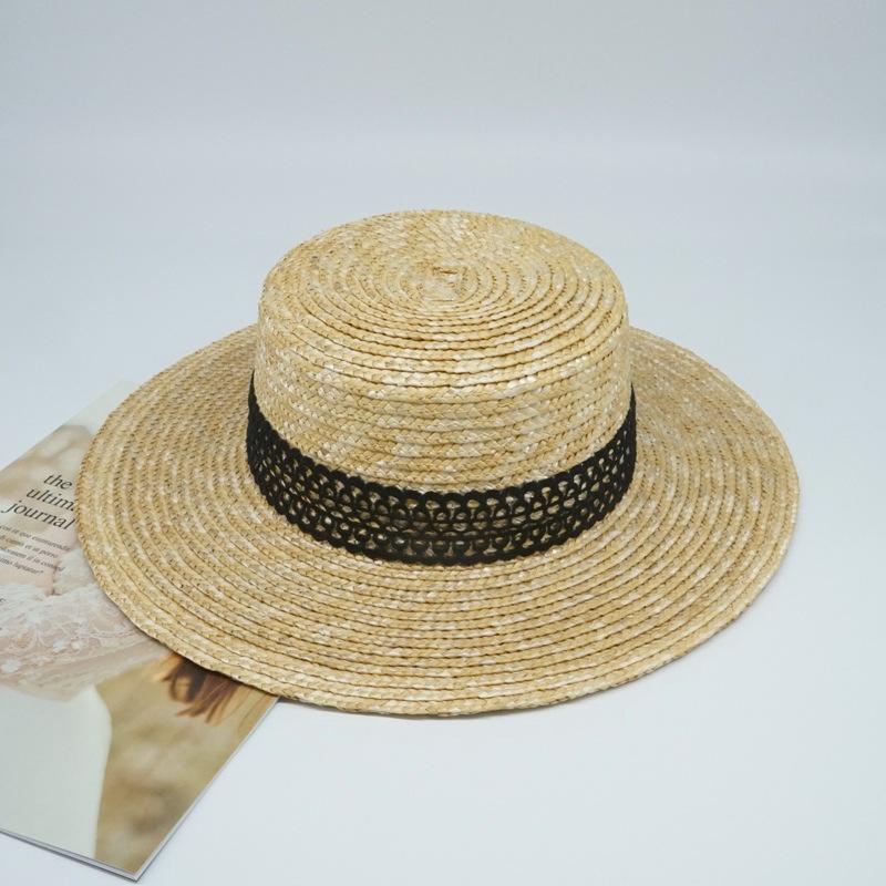Export Foreign Trade Single Summer Female Japanese Black Flat Top Top Top Hat French Pearl Sunshade Holiday Beach Sun Straw Hat
