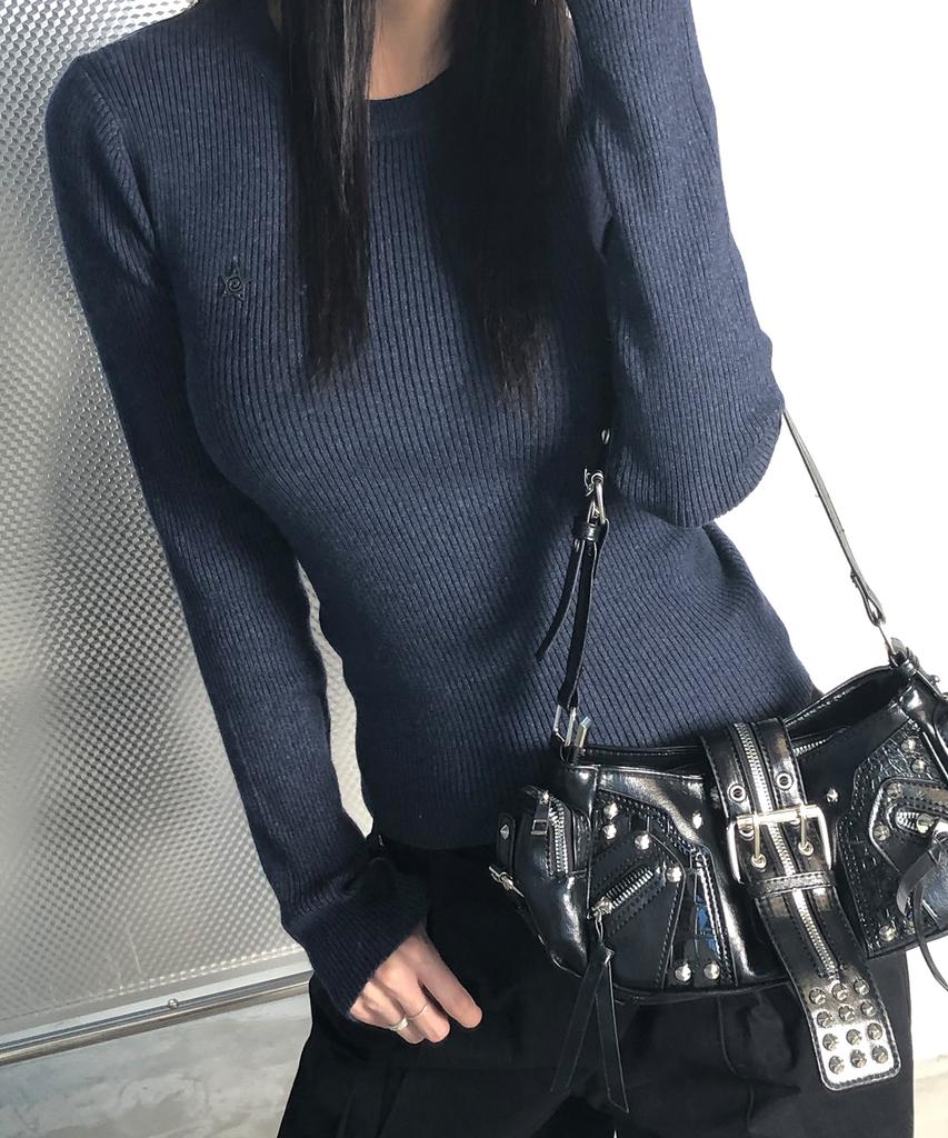 CHICKS Slim Fit Ribbed Round Knit Navy