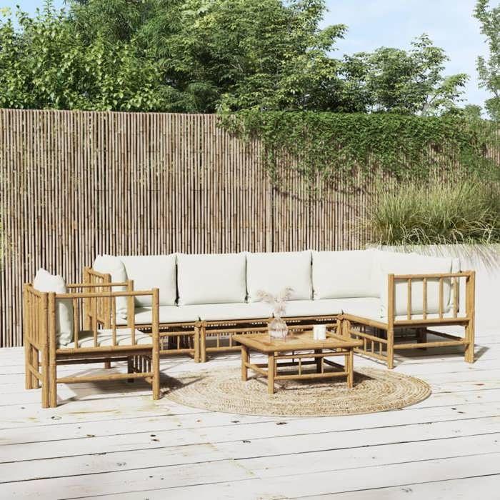 VidaXL Salon de jardin 7 pcs avec coussins blanc crème bambou, ensemble de salon, ensemble de salon extérieur 3155205