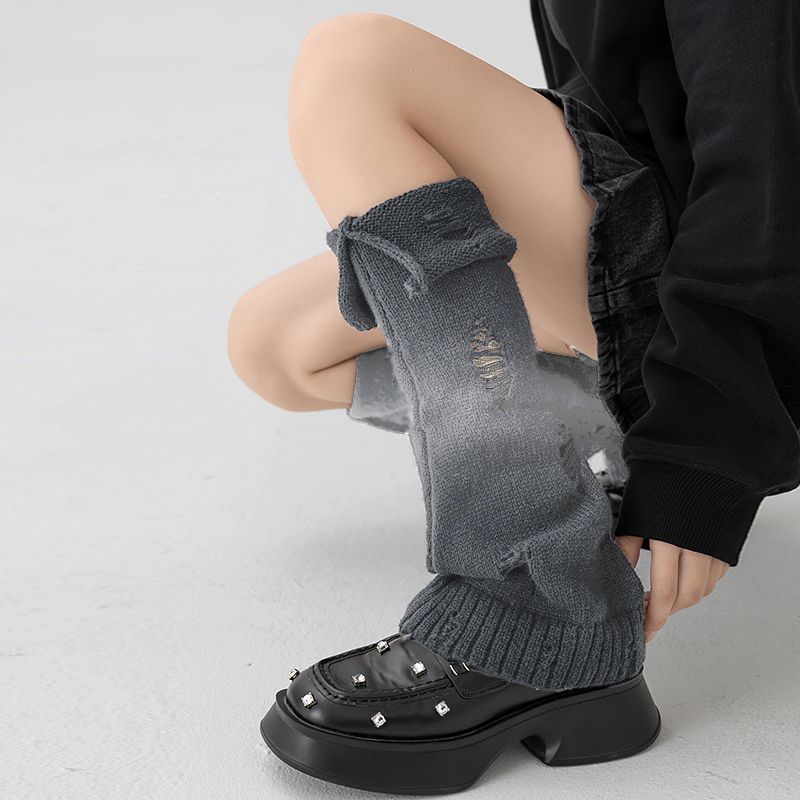 

Японский стиль Красочные вязаные гетры-слаучи Неравномерный градиент Рваные с отворотами Харадзюку Уличный стиль JK Рукава до икры с подвернутым краем