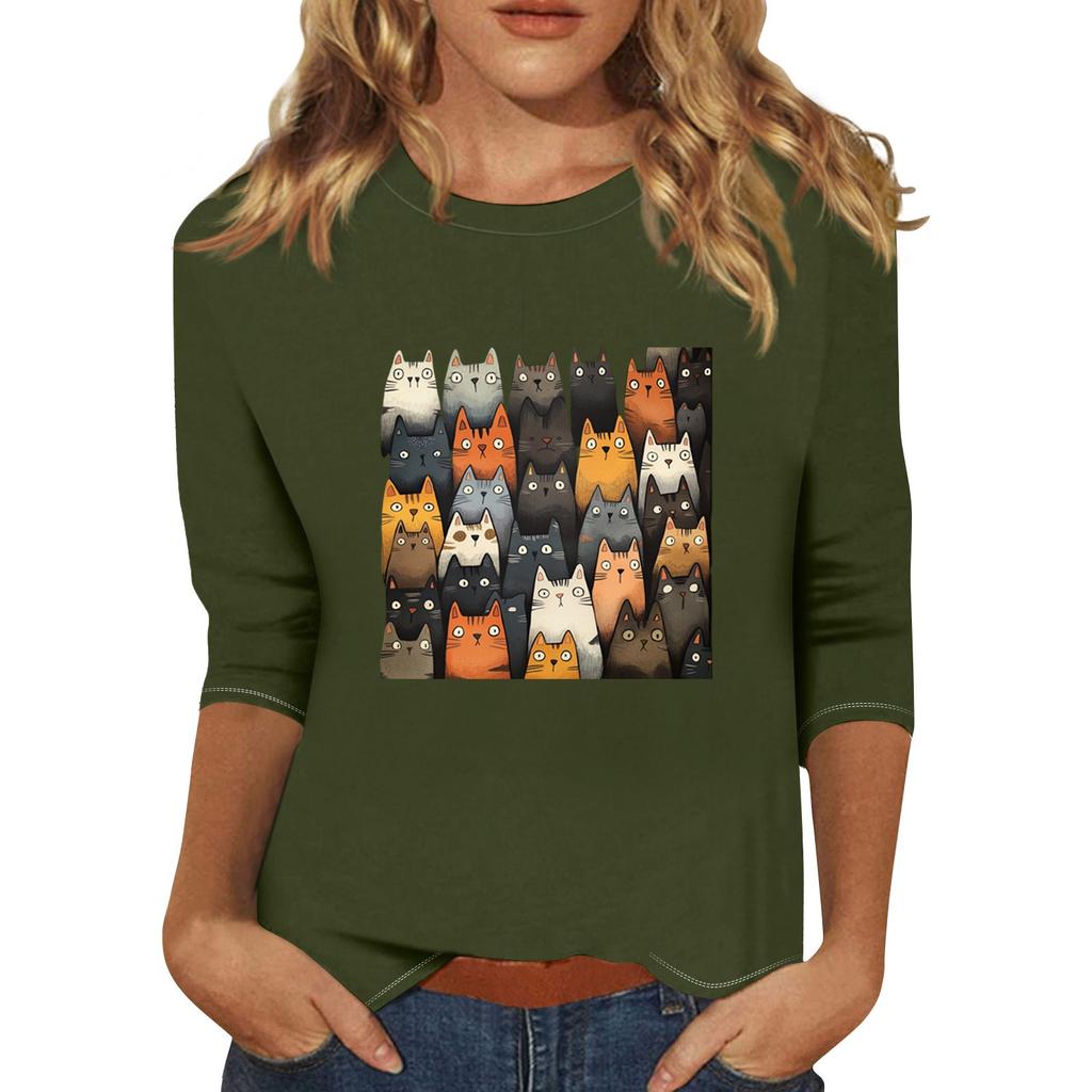 Women's Fashion Casual Three-quarter Sleeve Cat Print Round Neck Pullover Top