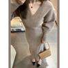 With Coat V-neck Knitted Long-sleeved Dress for Women, Thickened Waist and Thin Hip Skirt In Autumn and Winter, Sweater Dress Inside