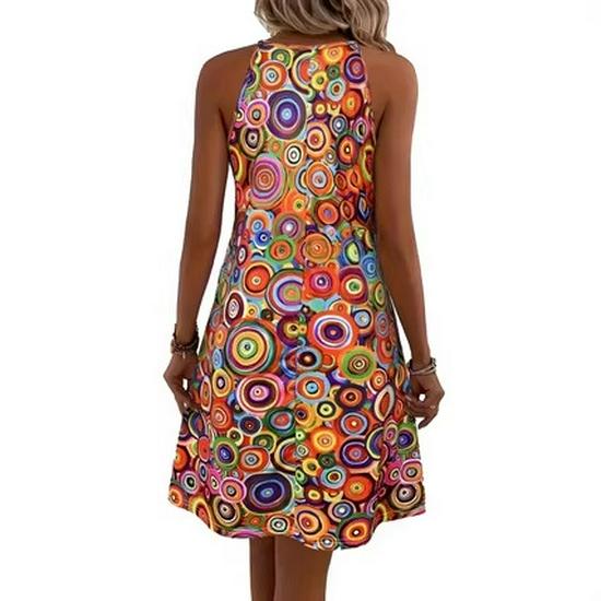 Bohemian Halter Neck Sleeveless A-line Dress with Colorful Spiral Print