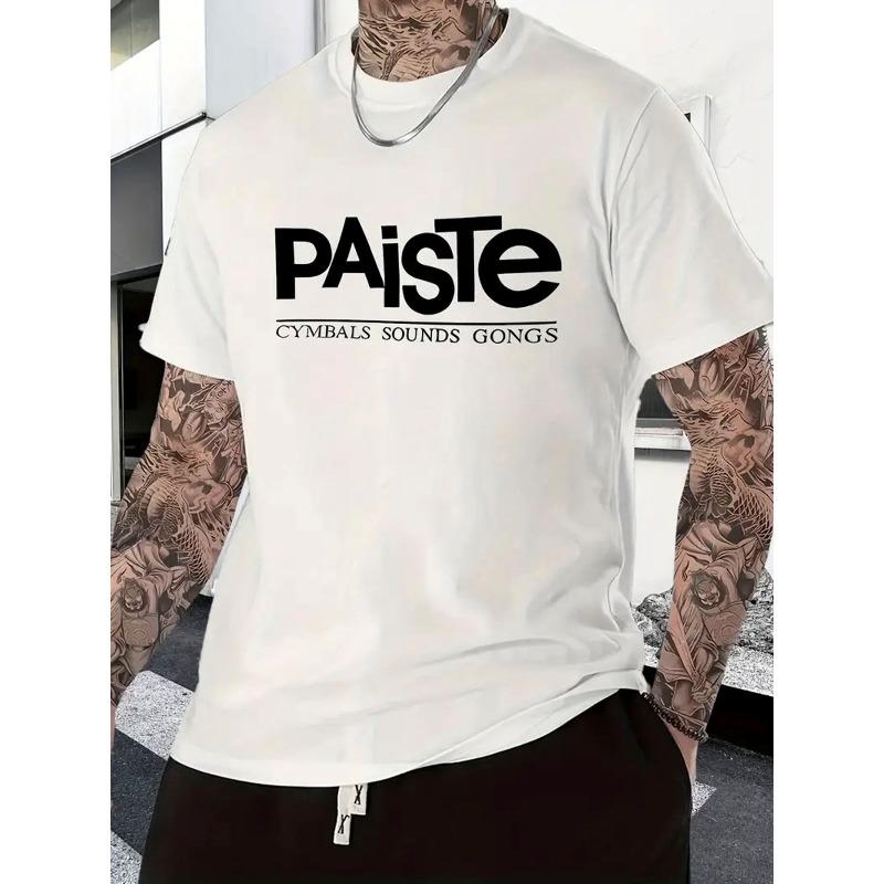 

Men S Music-Themed Cymbals & Gongs Graphic T-Shirt - Bold White Lettering & Drum Print, Loose-Fit Crew Neck Short Sleeve Tee , Casual Wear, All-Season S белый