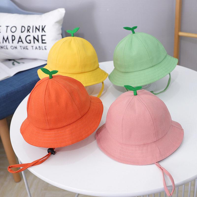 Cute Baby Bucket Hat With Sprout Spring Summer Children  Drawstring Fisherman Hat Solid Color Boys Girls Beach Panama Sun Cap