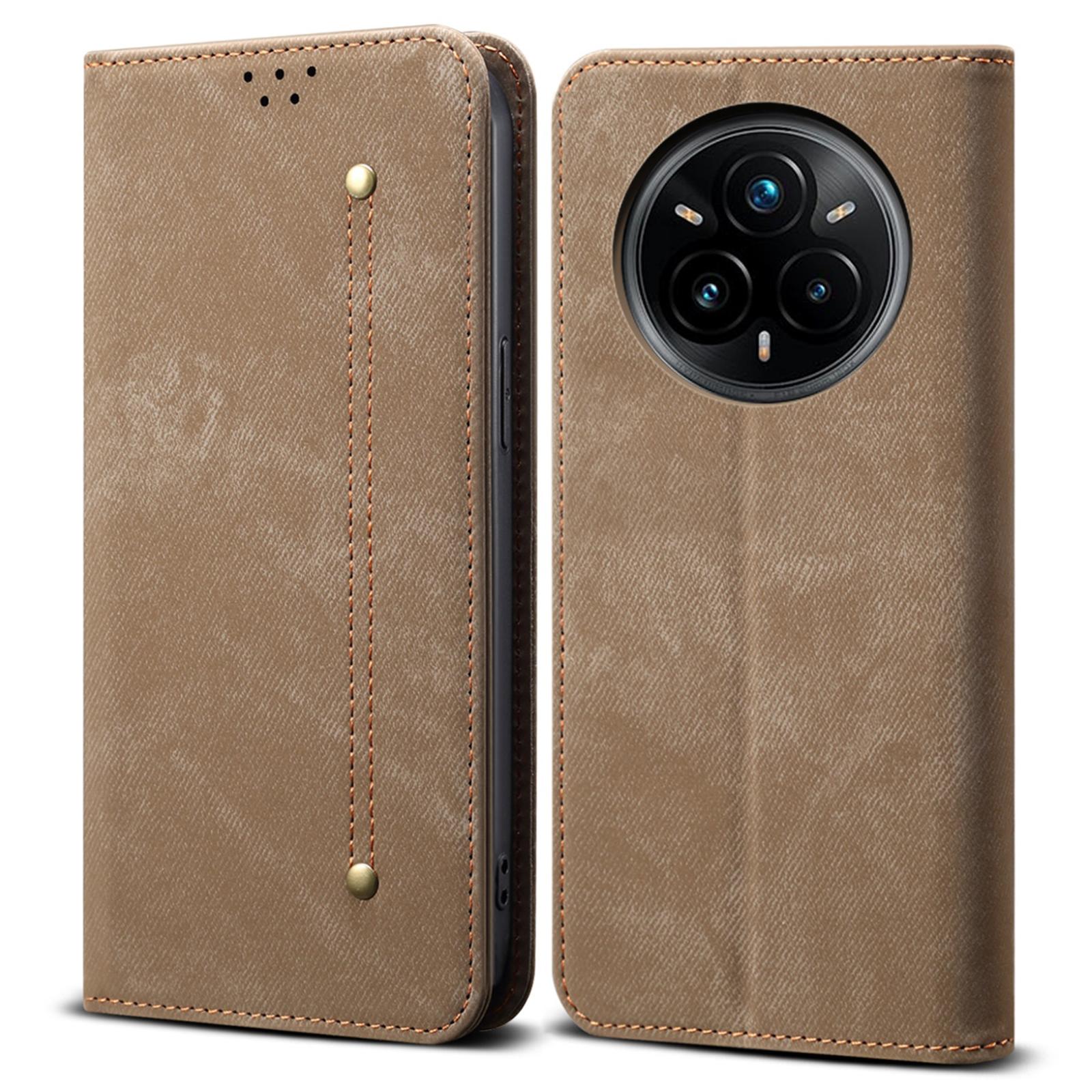 

For Realme 14 Pro+ 5G Case Jeans Cloth Texture Anti-Scratch Leather Stand Phone Cover Khaki