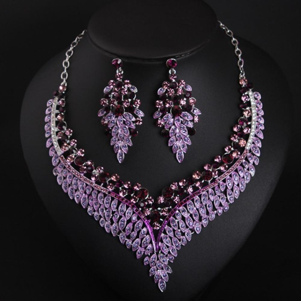 3Pcs Purple Necklace Earring Set Luxury Crystal Jewelry Set Fashion Stud Earrings Choker Set  Women