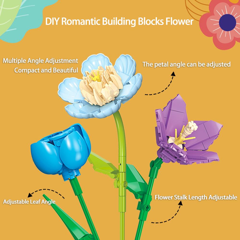 Romantisk Blomsterbukett Byggklossar Set - DIY Röd Ros, Blå Ros, Orkidé i Vas, Alla Hjärtans Dag-present med Krukväxt Lavendel
