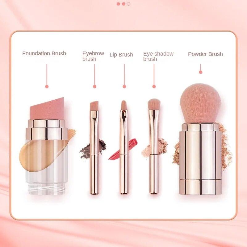 5 In 1 Portable Makeup Brushes For Foundation Eyebrow Lip Eyeshadow Loose Powder Cosmetic Brush Set Makeup Tools