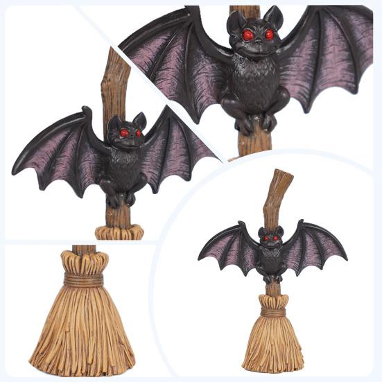 Halloween Broom Bat Figurine Resin Bat with Red Eyes Tabletop Decoration for Indoor Outdoor Home Patio Decor