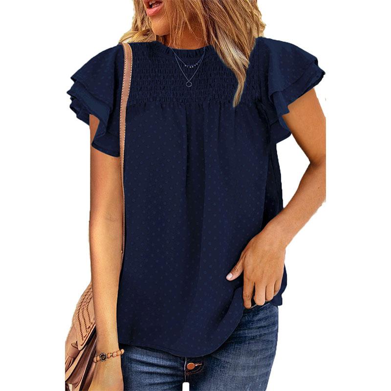 Sommer frauen T-shirt Einfarbig Jacquard Chiffon Hemd Lose Rundhals Pullover Kurzarm Top T-shirt