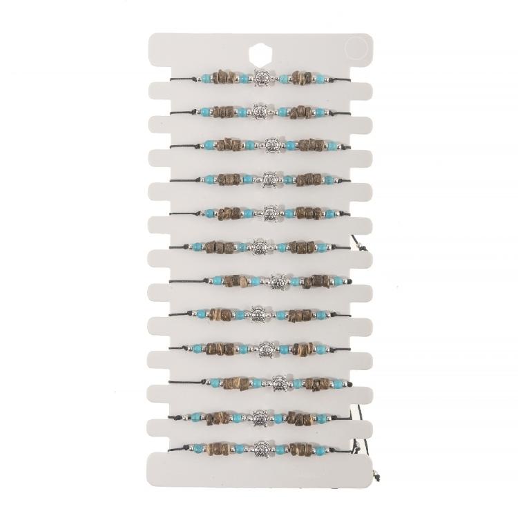

Pack of 12 Adjustable Handcrafted Turtles Bracelet Set Fashion Wristbands with Turquoise Crystal Wood Bead Details