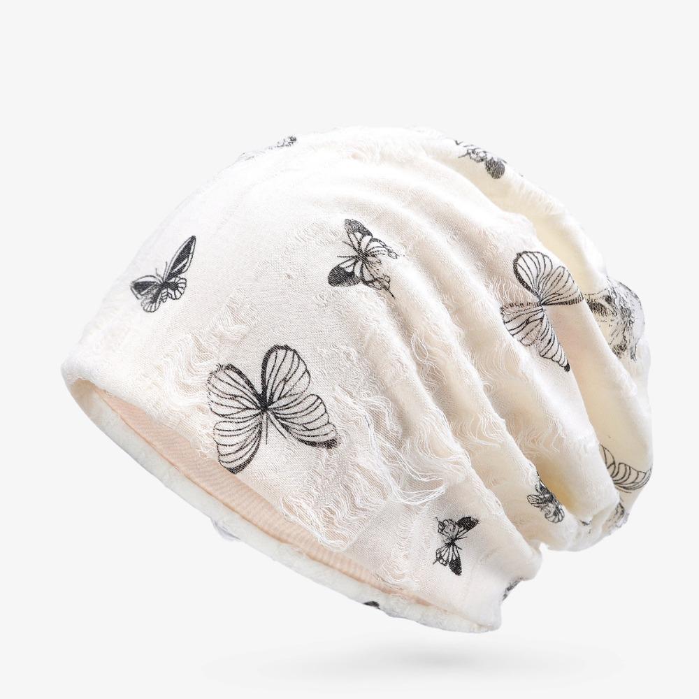 Holes Hair Caps Thin Knitted Hat Fashion Butterfly Print Beanies  Streetwear
