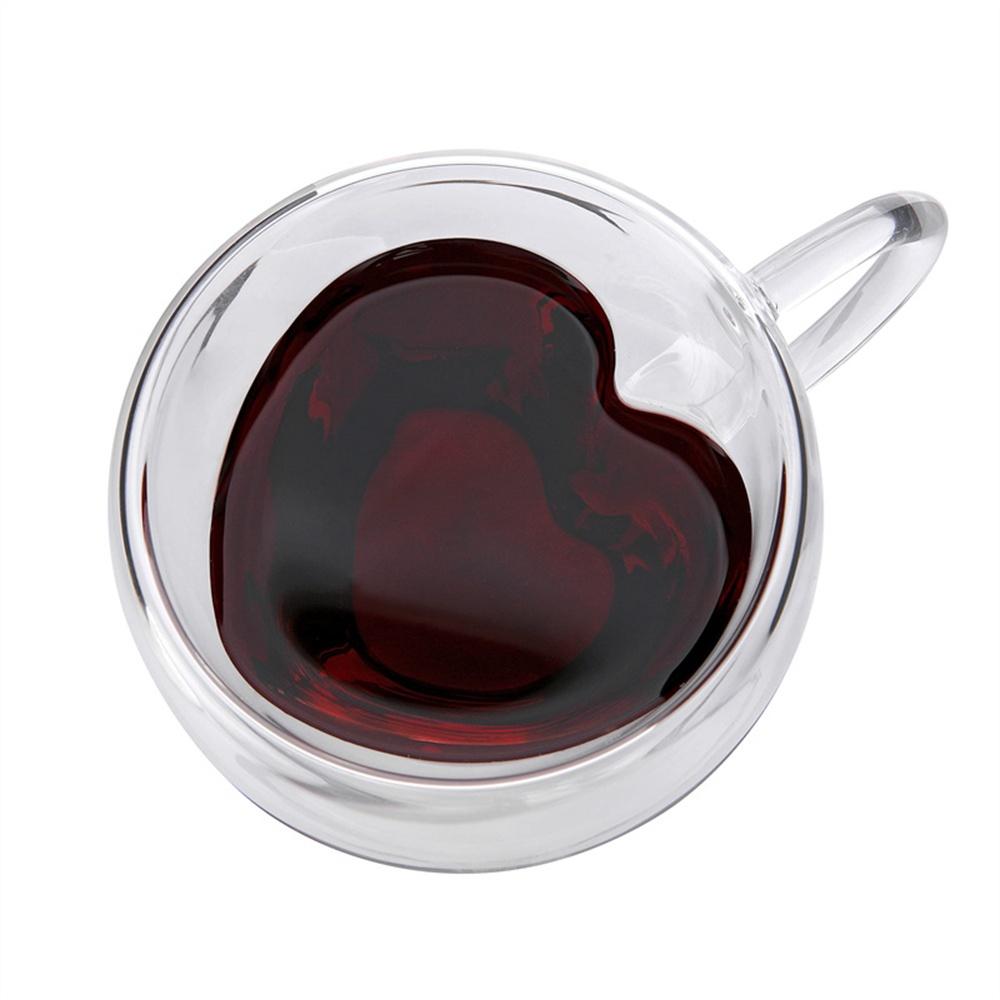 1/2 paquet Tasse Cœur Tasse Couple Verre Double Paroi Isolé Tasse à Thé Transparente avec Poignée pour Café, Cappuccino, Latte, Boissons au Lait