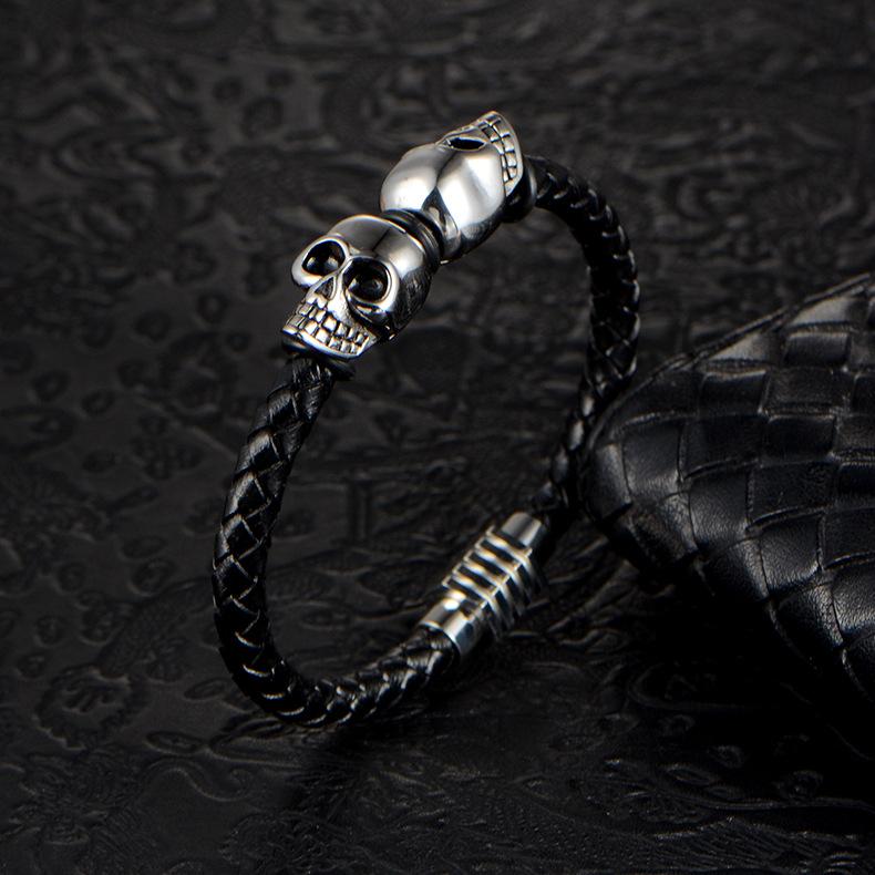Hand-woven Double-layer Leather Bracelet, Skull Ghost Head Men's Titanium Steel Bracelet