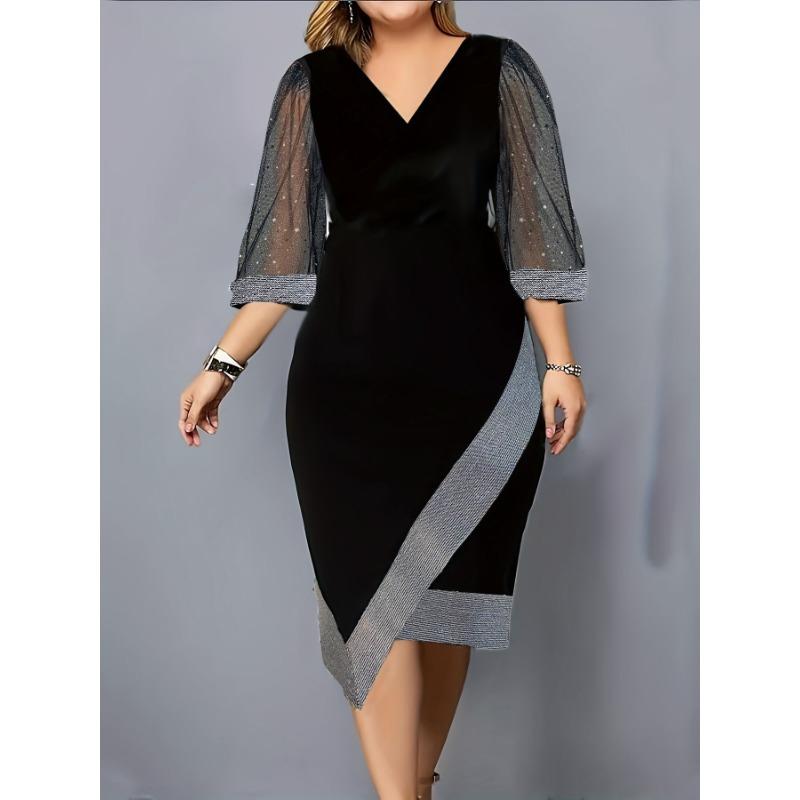 Vestidos de mujer con escote en V y manga corta con empalme de malla delgada y nuevo temperamento