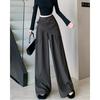 Grey High Waist Wide Leg Pants Women Autumn Split Design Slim Tied Waist Floor Length