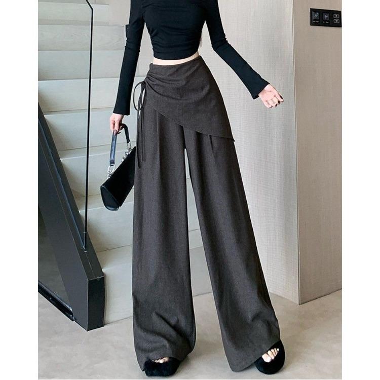 Grey High Waist Wide Leg Pants Women Autumn Split Design Slim Tied Waist Floor Length
