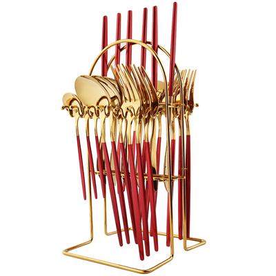 Juego de Cubiertos Rojo Dorado de 24 Piezas con Soporte para Cubiertos Cuchillo Tenedor Cuchara de Acero Inoxidable Juego de Cubiertos Vajilla de Mesa con Estante de Almacenamiento