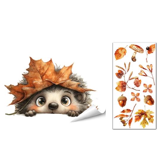 Decorative Window Film for Autumn Decor Static Sticker with Cute Animals & Maple Leaves, Removable Harvest Durable Clings Store Fronts