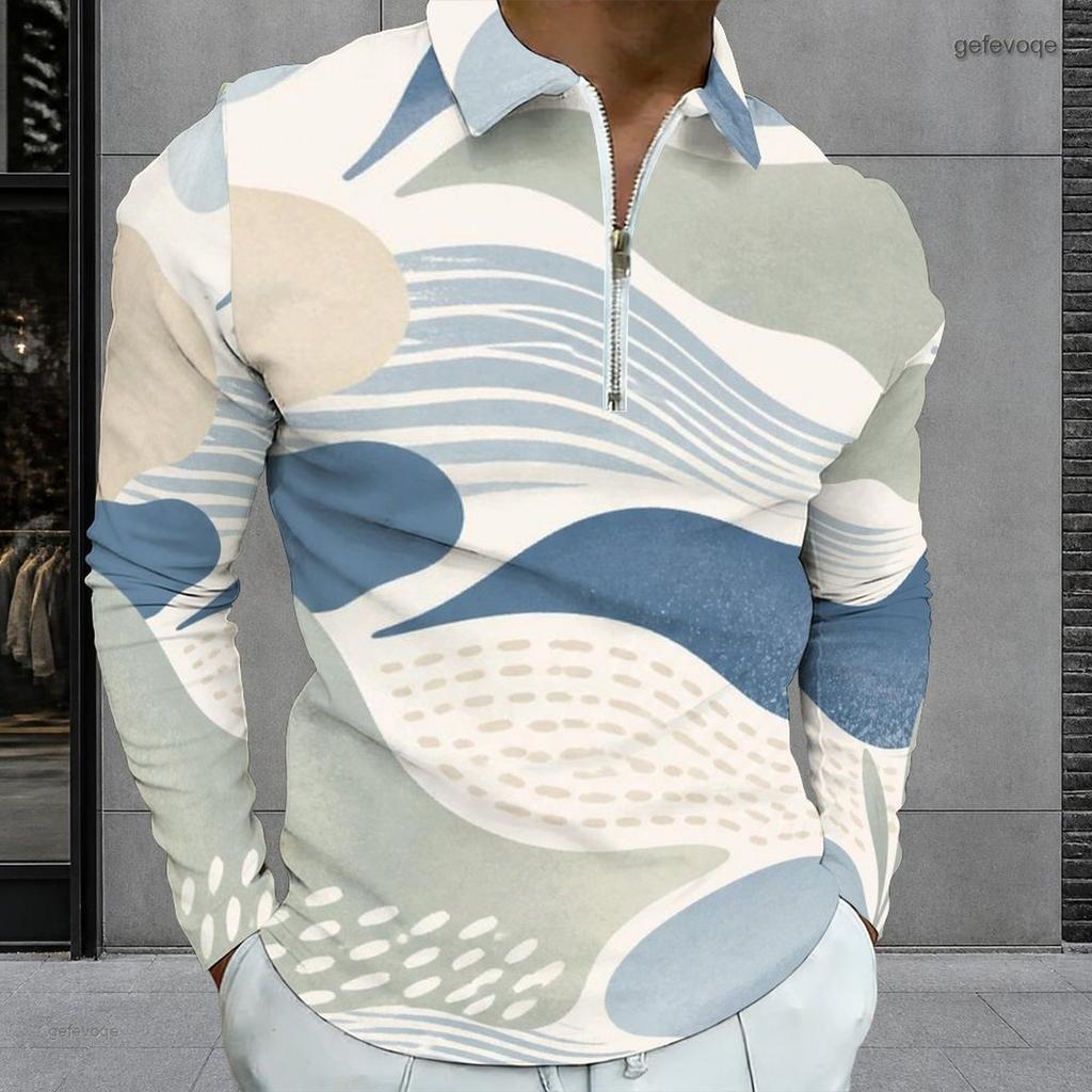 Men s Plus Size Long Sleeve Quarter Zip Collared Seashell Printed White Polo Shirt