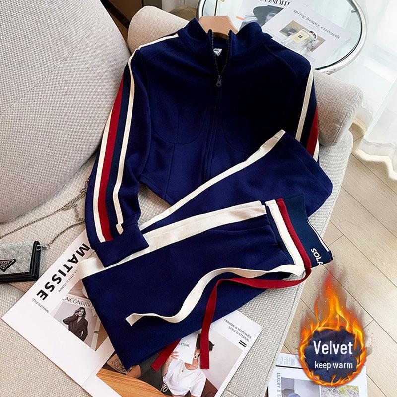 

Женский бархатный спортивный костюм осень/зима: Европейский дизайн: короткий свитер, куртка и повседневный комплект из двух предметов XL