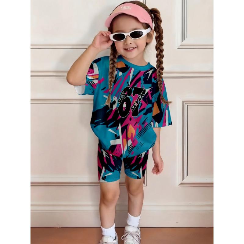 Girls' Summer Birthday Print Short-Sleeved Shorts Set - Fresh Light-Colored Children's Casual Outfit