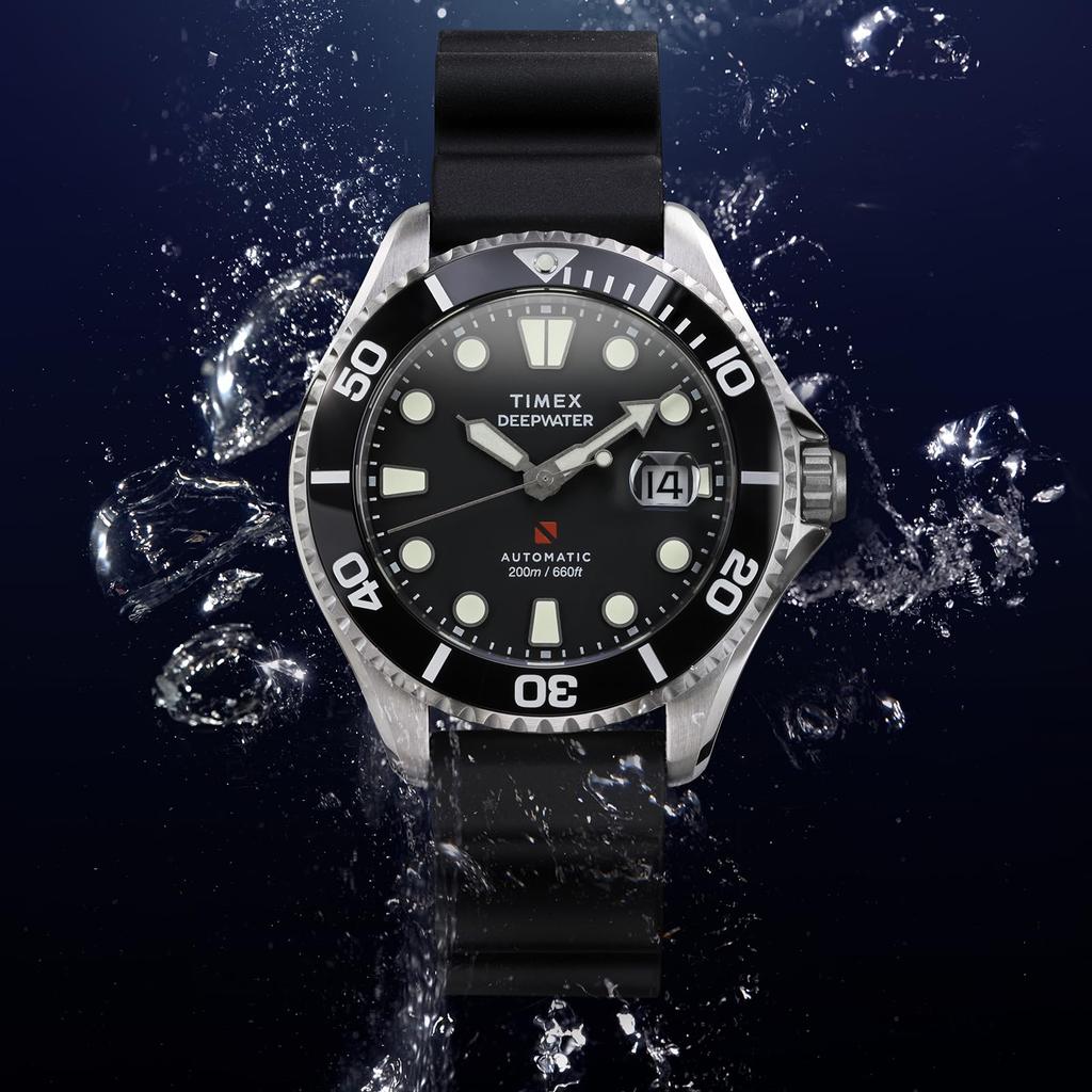 TIMEX Orologio Uomo Deepwater Meredian 200 Automatico 20 ATM Resistente all'Acqua Cristallo Zaffiro Quadrante Nero TW2Y40000 [Autentico]