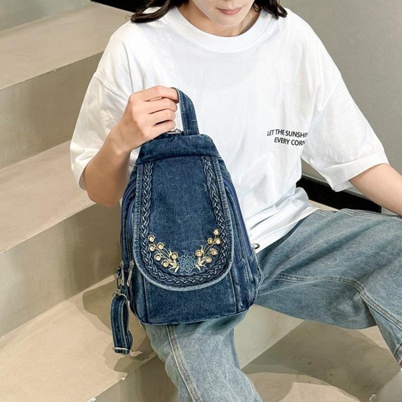 Simple Washed Denim Multi-functional Backpack, New Travel and Leisure Oblique Span Bag