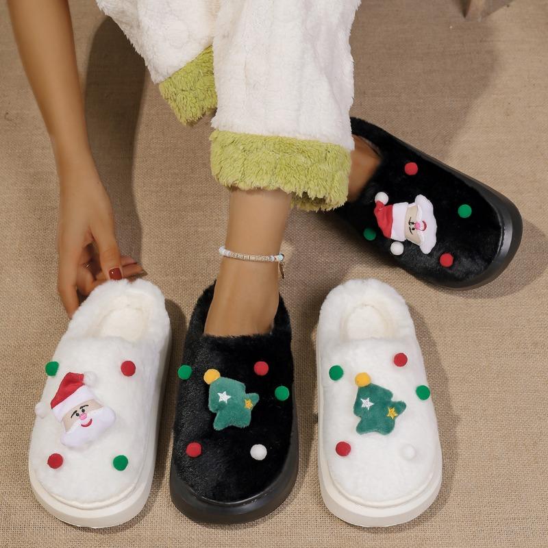 Winter Christmas Slippers Santa Claus Fur Slipper Soft Warm Plush Cushion Slides Bedroom Men Women Winter Home Cotton Slippers