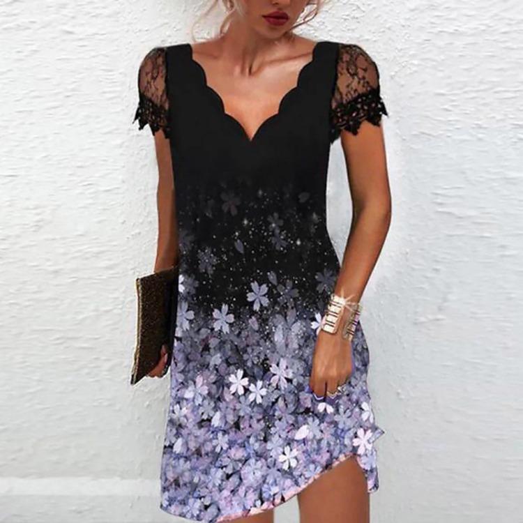 V Neck Short Sleeve Casual Dress for Women with Wave Print Lace Panel Positioning Design