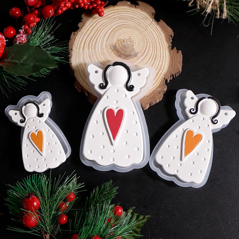 DIY Faceless Angel Silicone Mold Christmas Tree Hanging Ornament Plaster Concrete Resin Mould Heart Dot Texture Dress Girl Craft