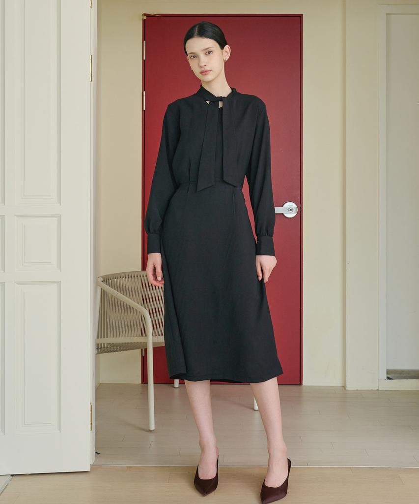 Bye Bye Seop Ribbon Scarf Long Dress Black [T43]