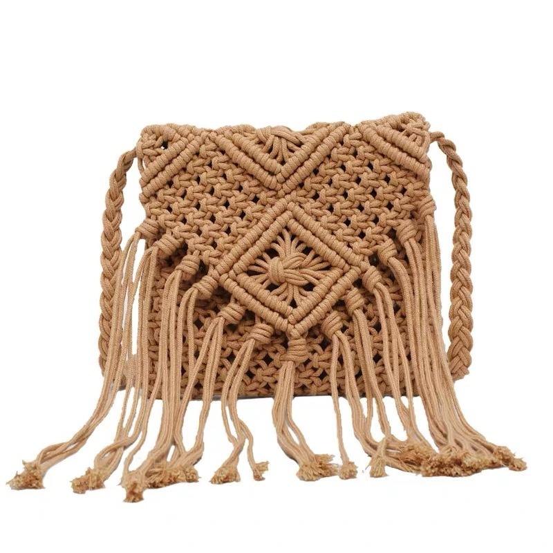 

New tassel straw woven bag handmade cotton thread woven bag versatile shoulder beach bag messenger bag women zipper