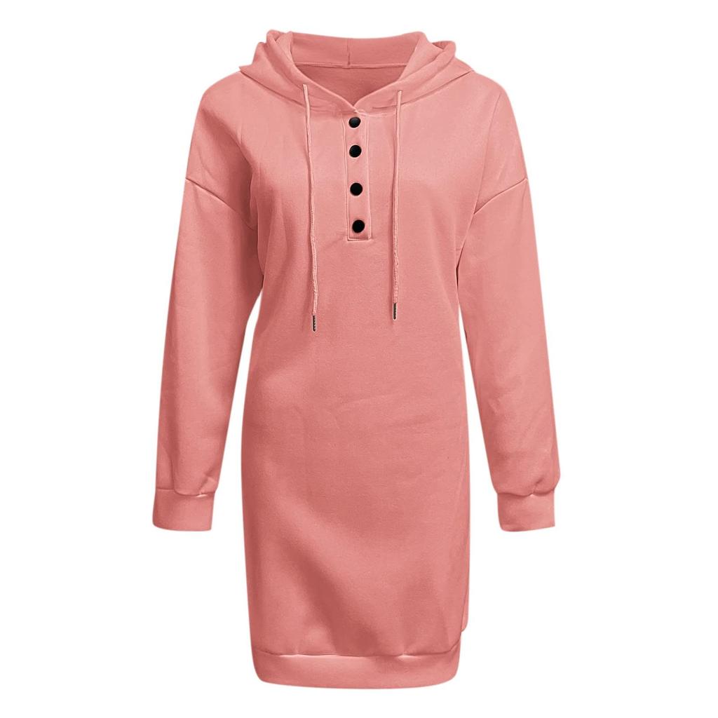 Damen Kleider Langarm Kordelzug Pullover Top Kleid Casual Hoodie Pullover Kleid Kleider