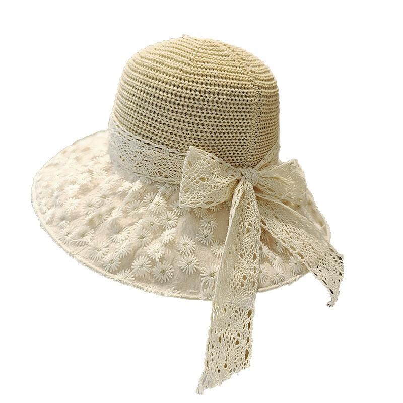 Summer Female Daisy Lace Bow Straw Hat Big Brim Sunshade Sunscreen Hat Fashionable Versatile Bucket Hat