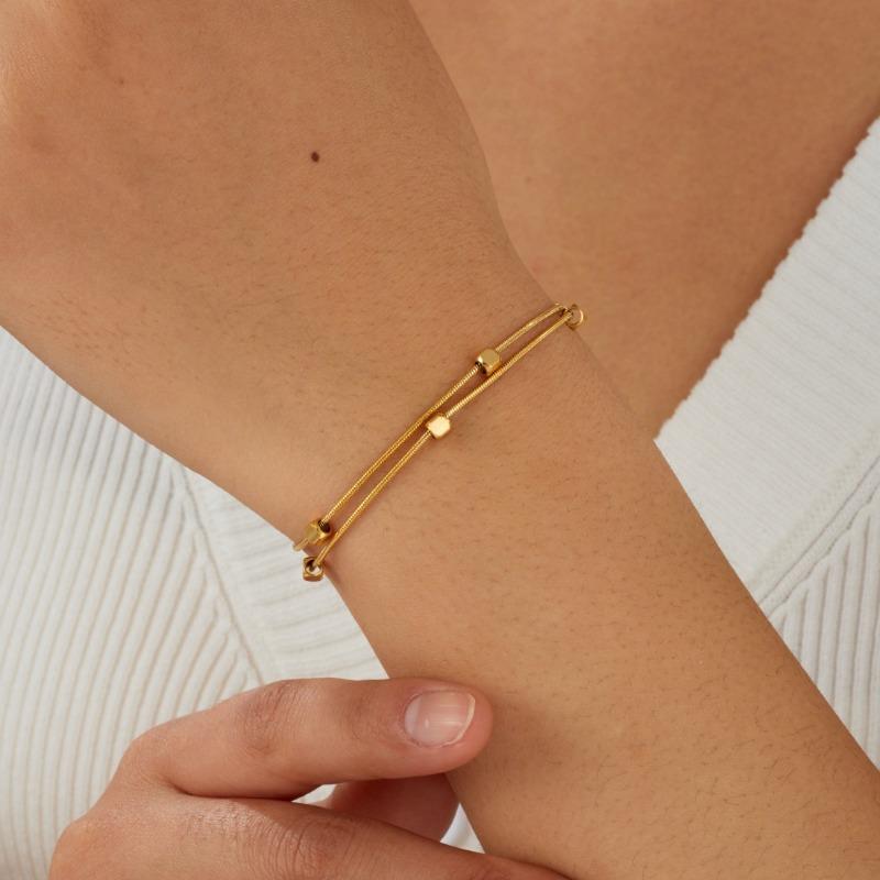 Gold Plated Double Layered Snake Chain Cube Bead Bracelet