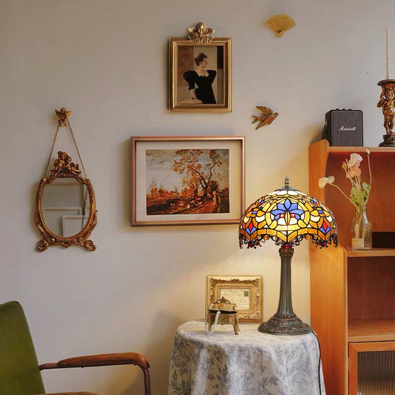 Yellow Peacock Tail Style Stained Glass Table Lamp Vintage Handmade Reading Lamp for Living Room Home Office Decor Light