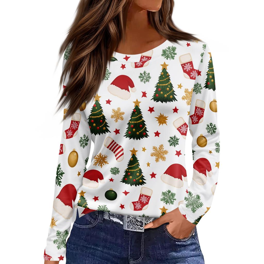 Women's Christmas Tree Print Long Sleeve Neck Top with Side Slit for Holiday Party