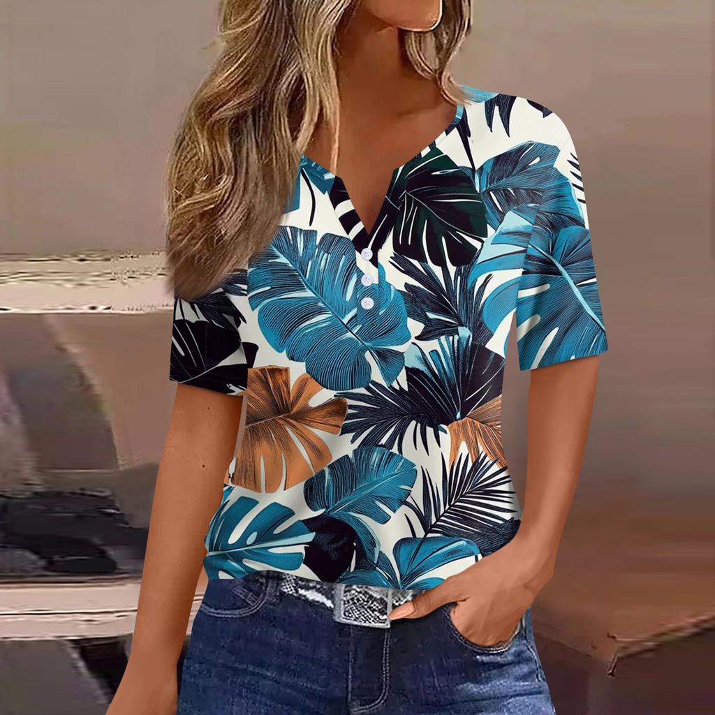 Women's T Shirt Print Button Short Sleeve Daily Weekend Fashion Basic V- Neck Regular Top
